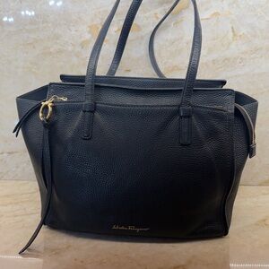 Salvatore Ferragamo Black Pebbled Leather Tote with Gold Hardware
